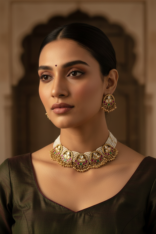 Woman wearing traditional jewelry with a blurred background