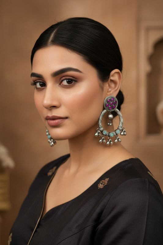 Purple and Turquoise Chandbali Earrings with Silver Bead Fringe Oxidized Silver
