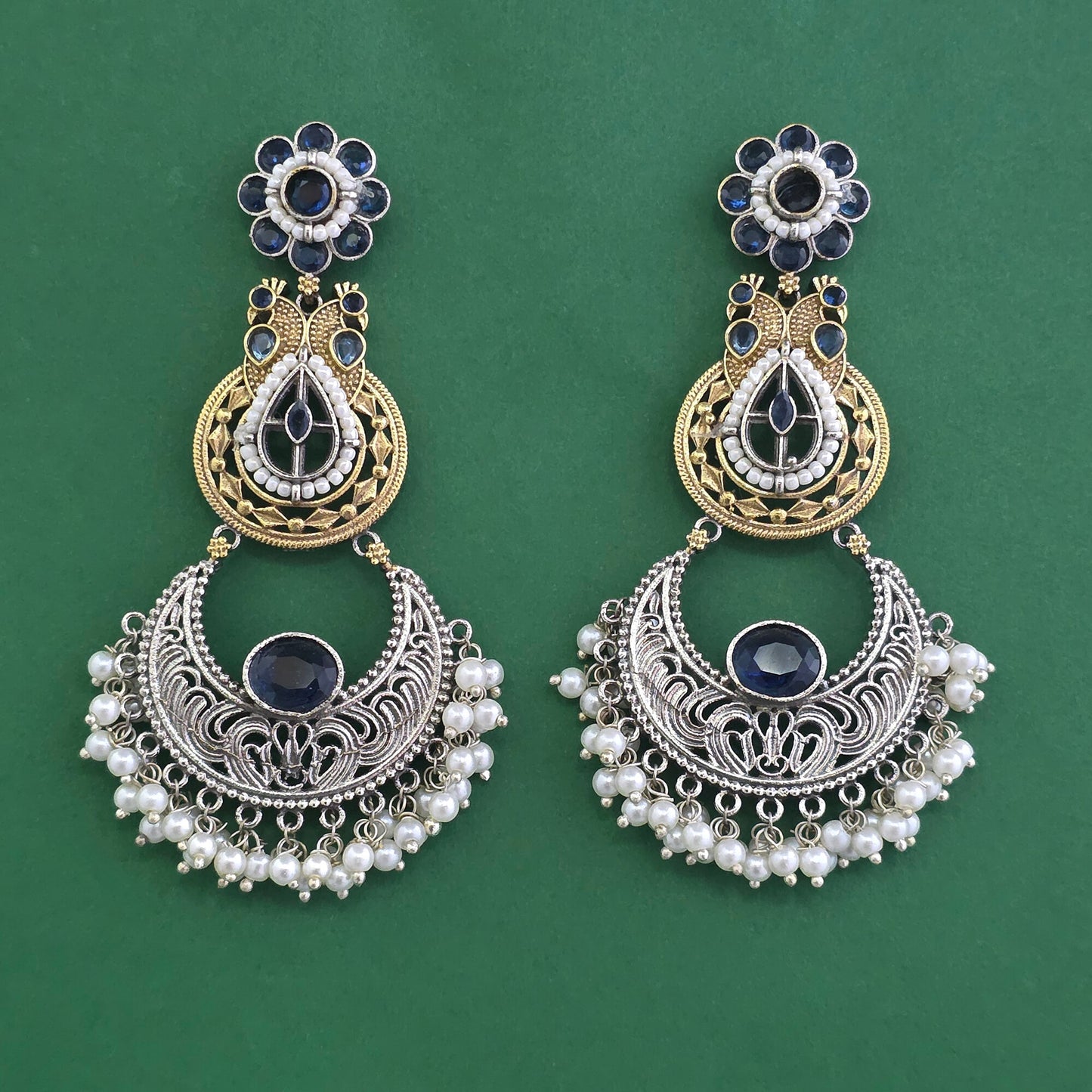 2-Tone Peacock Chandbali Earrings – Oxidised Silver Crescent with Filigree & Pearl Drops