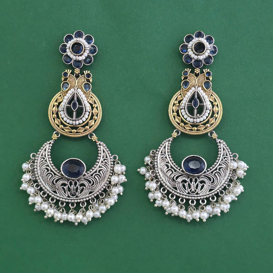 2-Tone Peacock Chandbali Earrings – Oxidised Silver Crescent with Filigree & Pearl Drops