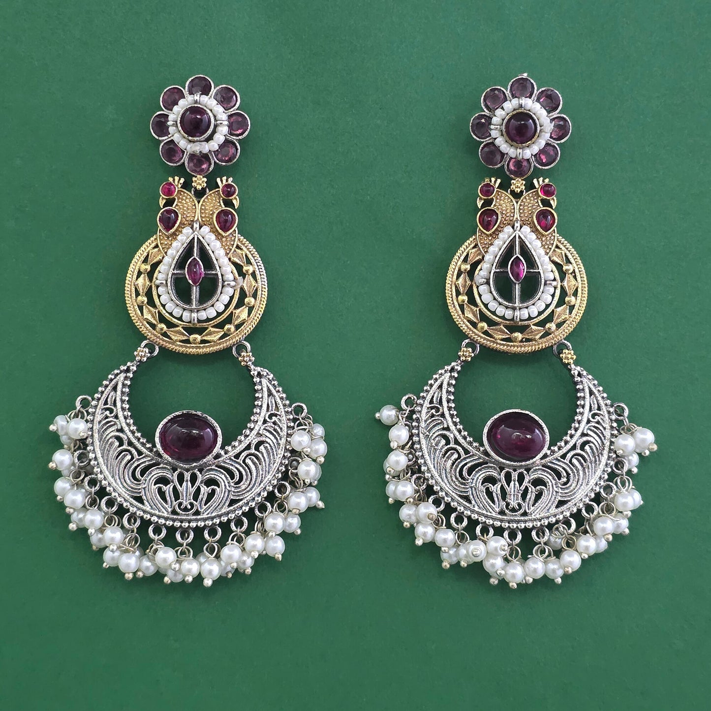 2-Tone Peacock Chandbali Earrings – Oxidised Silver Crescent with Filigree & Pearl Drops