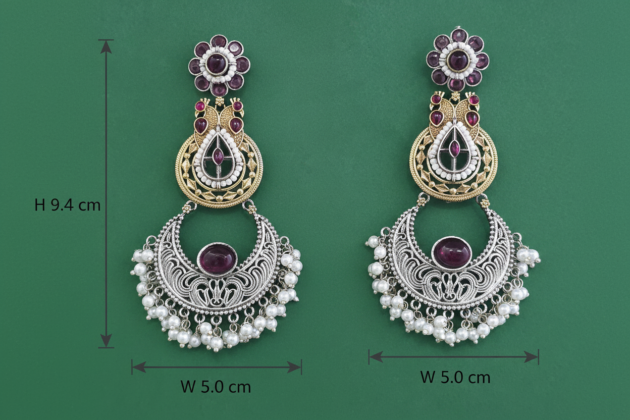 2-Tone Peacock Chandbali Earrings – Oxidised Silver Crescent with Filigree & Pearl Drops