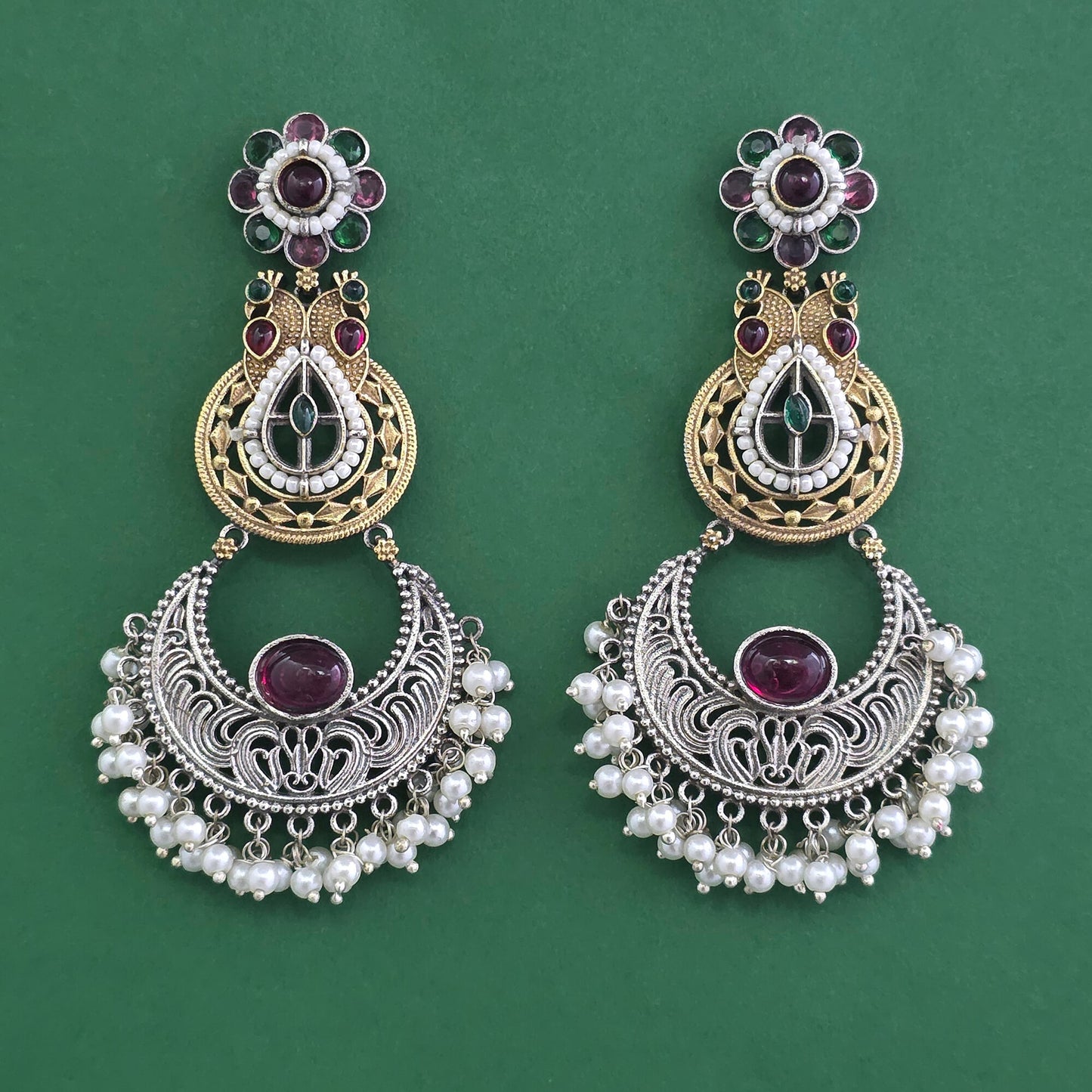 2-Tone Peacock Chandbali Earrings – Oxidised Silver Crescent with Filigree & Pearl Drops