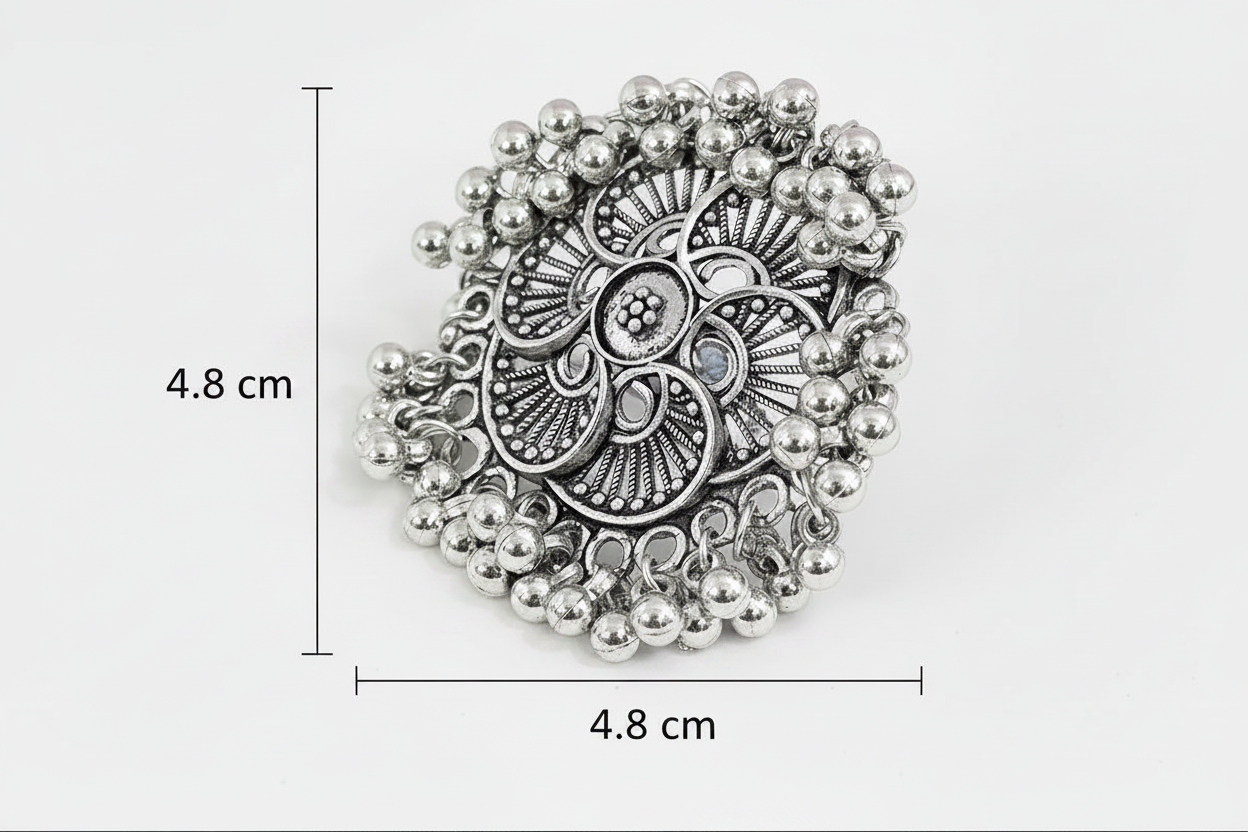 Oxidised Silver Paisley Filigree Cocktail Ring Ghungroo Ball Border Adjustable