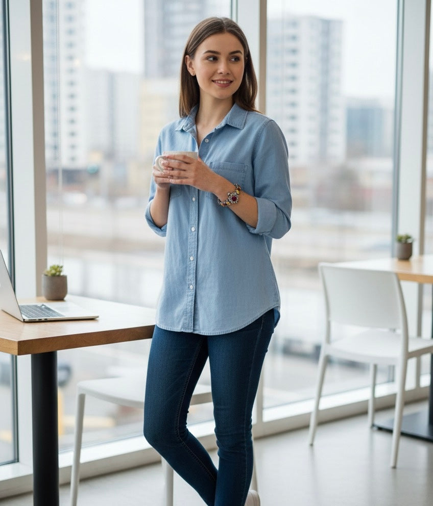 Woman standing in a modern office holding a coffee cup