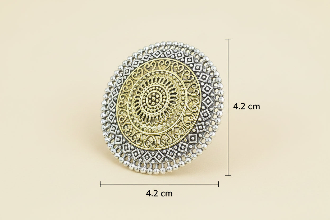 oxidize double tone antique Ring with intricate patterns on a green background