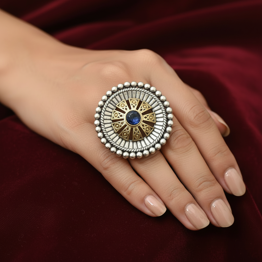 Decorative ring with blue gemstone on a hand against a red fabric background