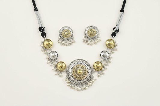 Oxidized Tribal Dori Necklace Set with Mandala Pendant, Ghungroo, Pearl Drops