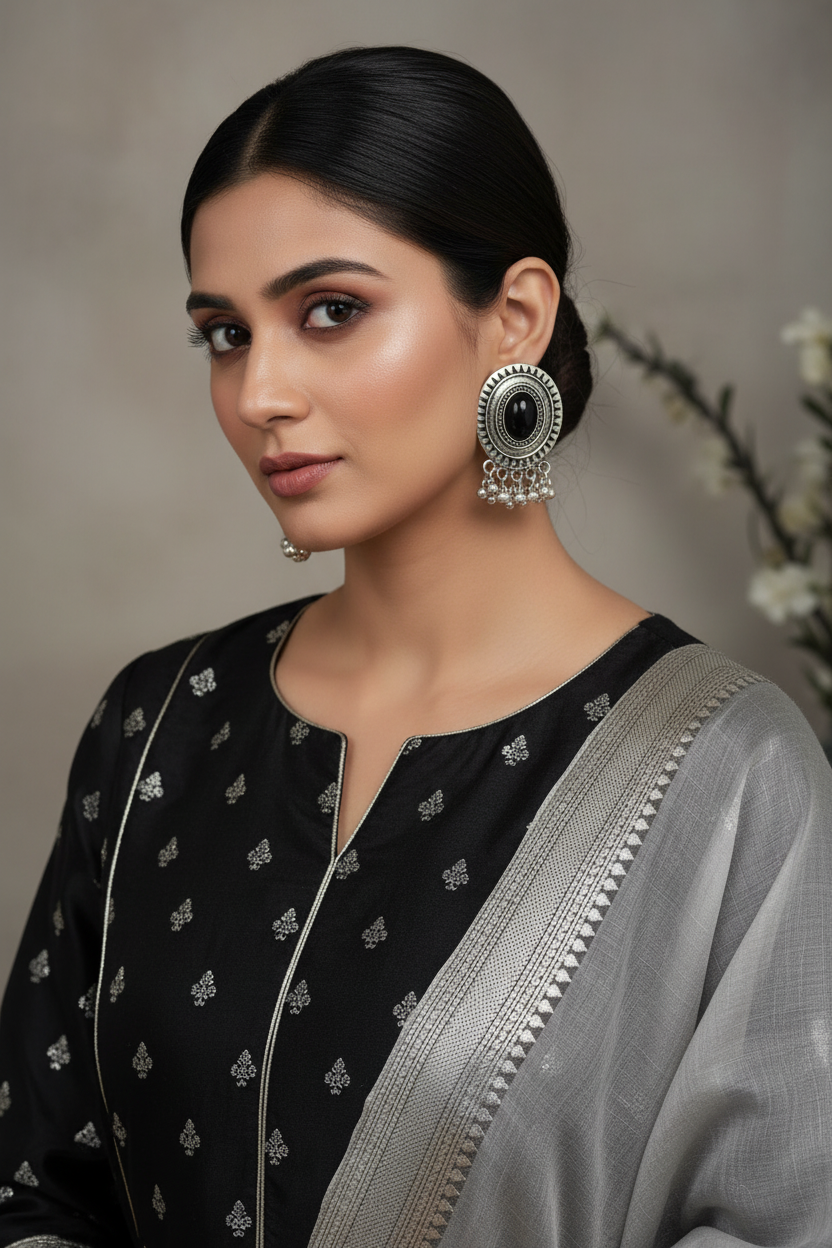 Woman wearing a black and silver traditional outfit with vintage style oxidised earrings against a neutral backgroud