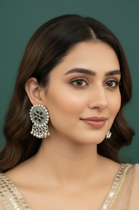 Oxidised Silver Round Disc Stud Earrings – Black Floral Petals with Bead Border & Ghungroo Dangles