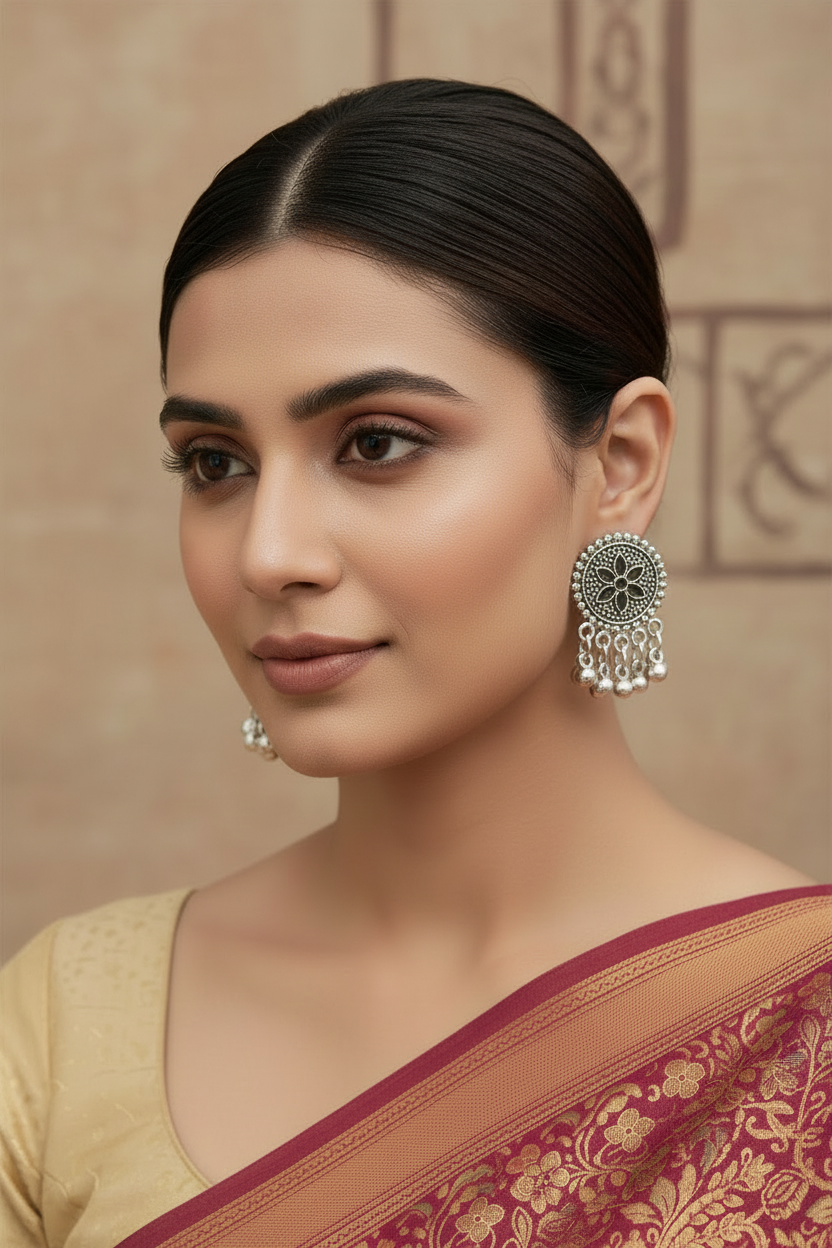 Oxidised Silver Round Disc Stud Earrings – Black Floral Petals with Bead Border & Ghungroo Dangles