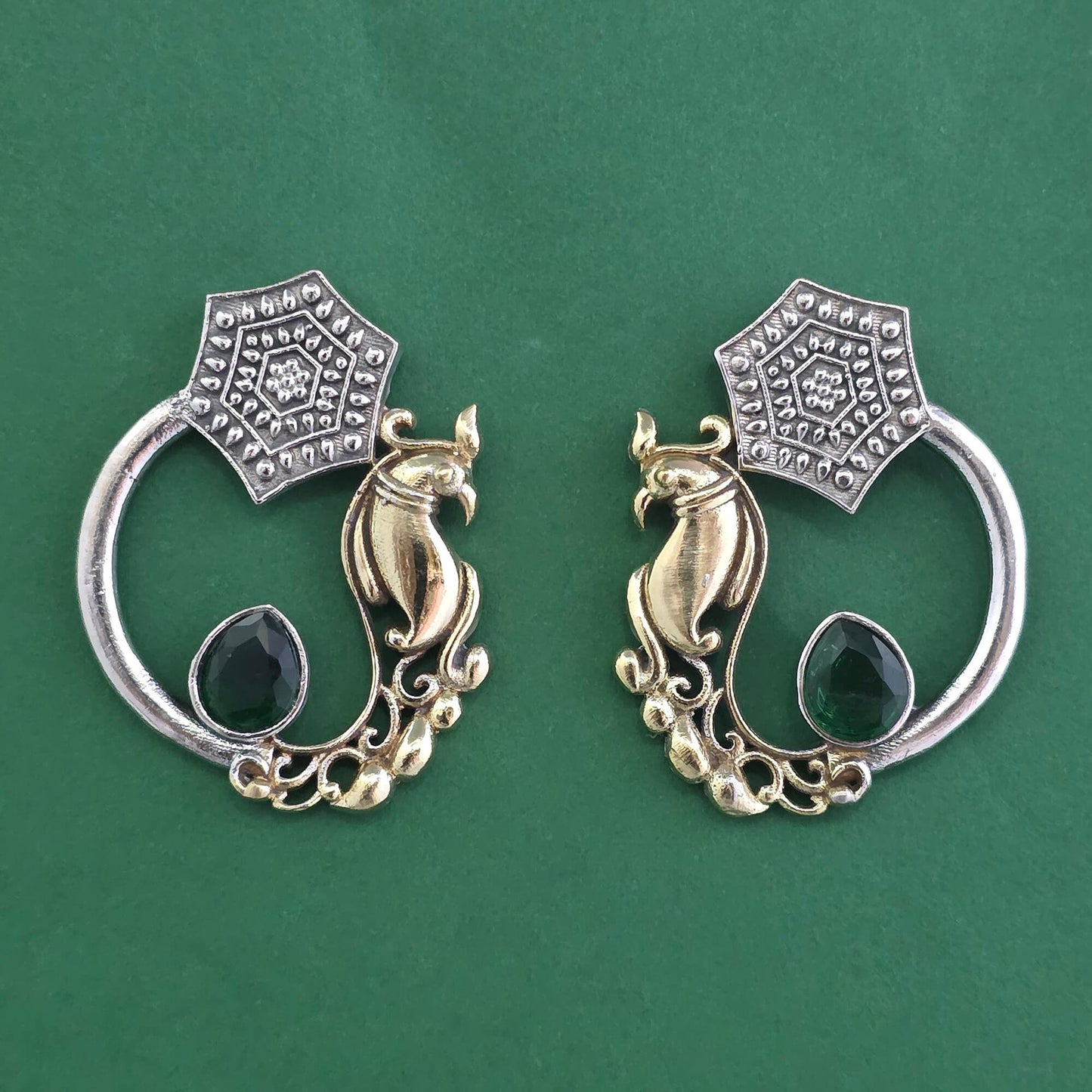 Oxidised Parrot Motif Crescent Hoop Earrings 2-Tone Gold & Silver with Color Stone Drop