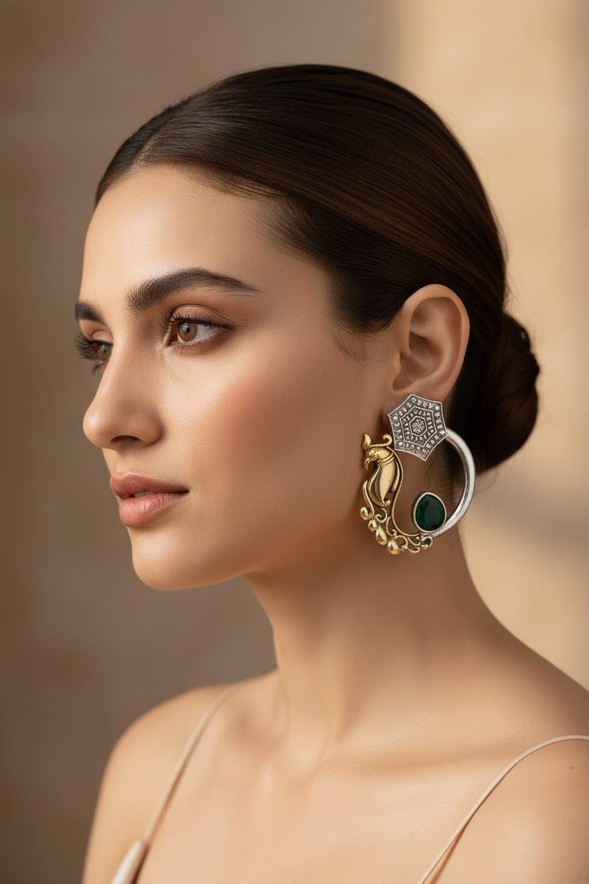 Oxidised Parrot Motif Crescent Hoop Earrings 2-Tone Gold & Silver with Color Stone Drop