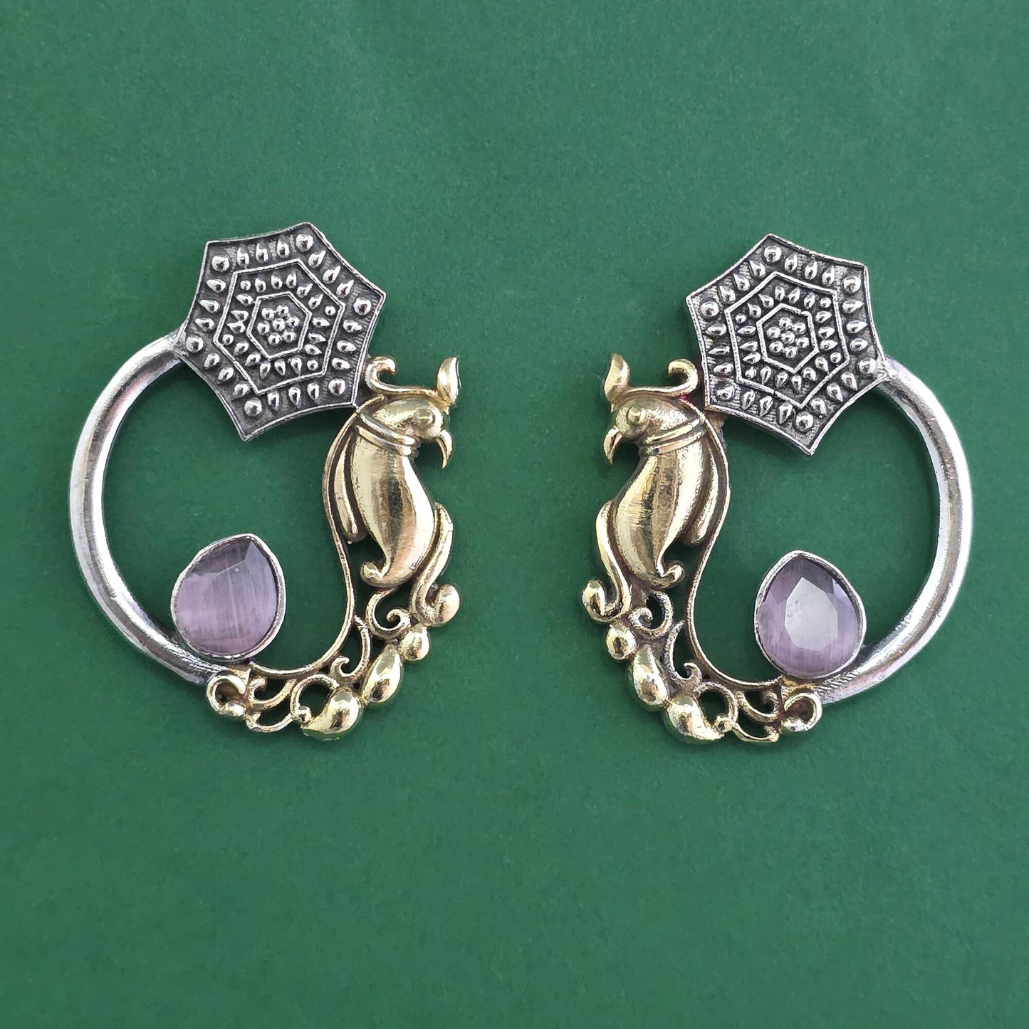 Oxidised Parrot Motif Crescent Hoop Earrings 2-Tone Gold & Silver with Color Stone Drop