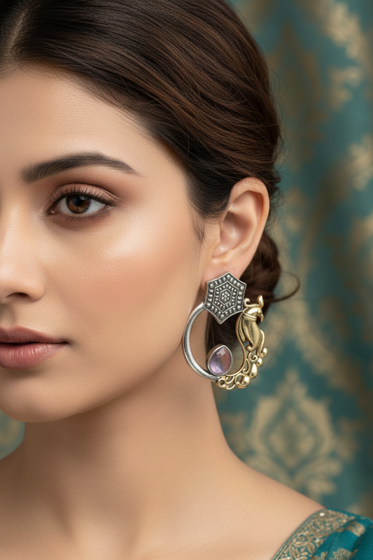 Oxidised Parrot Motif Crescent Hoop Earrings 2-Tone Gold & Silver with Color Stone Drop