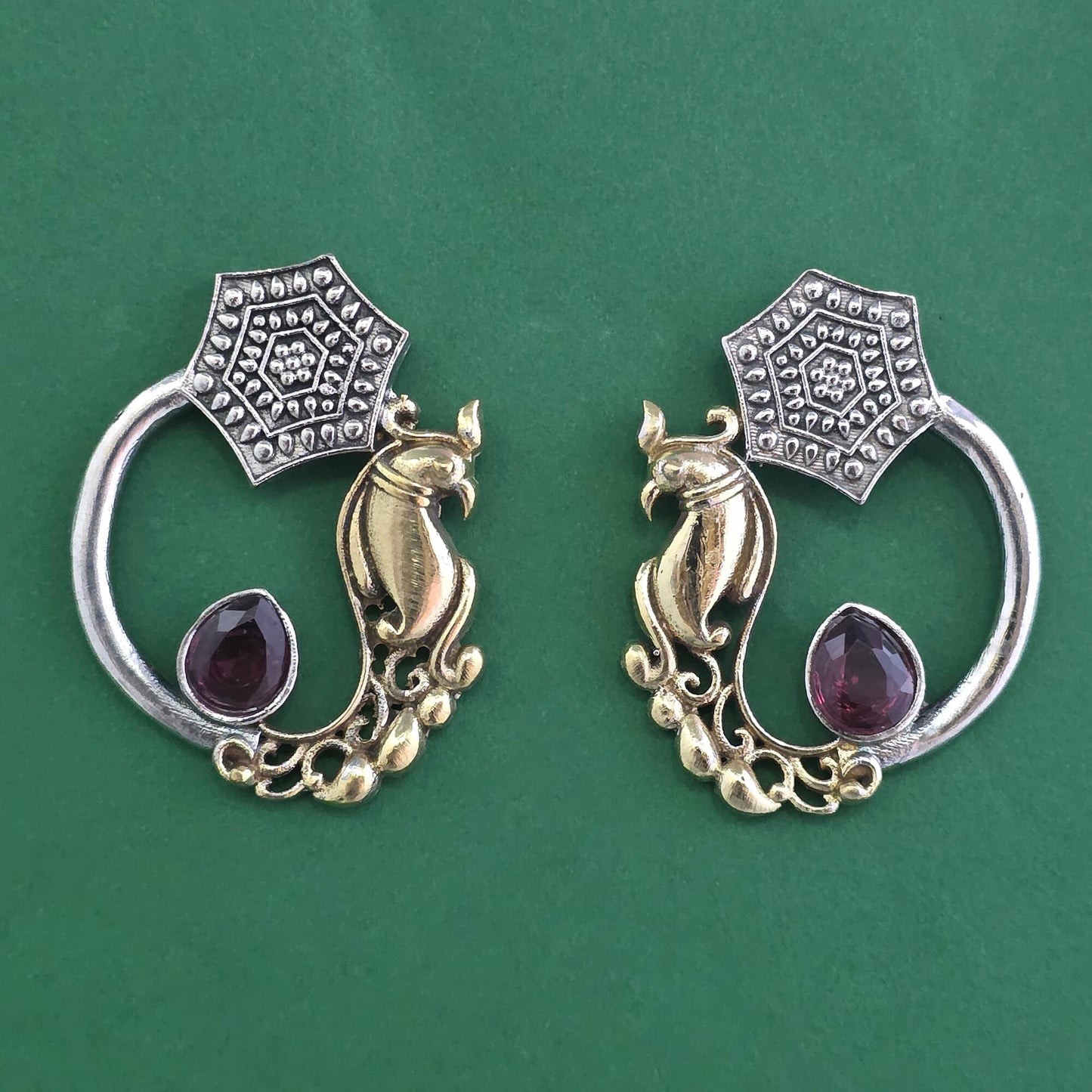 Oxidised Parrot Motif Crescent Hoop Earrings 2-Tone Gold & Silver with Color Stone Drop