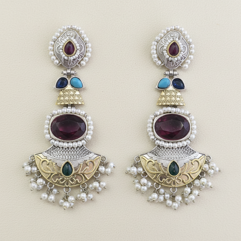 Oxidised 4-Tier Long Earrings: Pearl Halo, Oval Stone, Lotus Fan Base, 2-Tone Plating