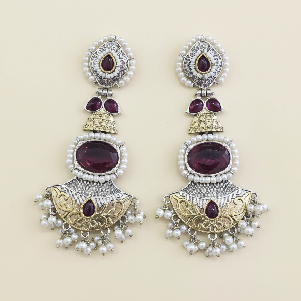 Oxidised 4-Tier Long Earrings: Pearl Halo, Oval Stone, Lotus Fan Base, 2-Tone Plating
