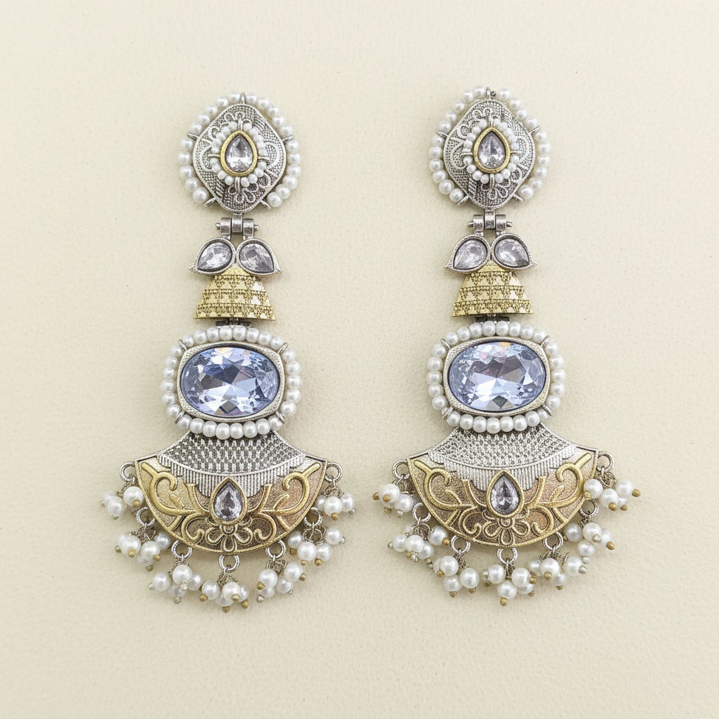 Oxidised 4-Tier Long Earrings: Pearl Halo, Oval Stone, Lotus Fan Base, 2-Tone Plating