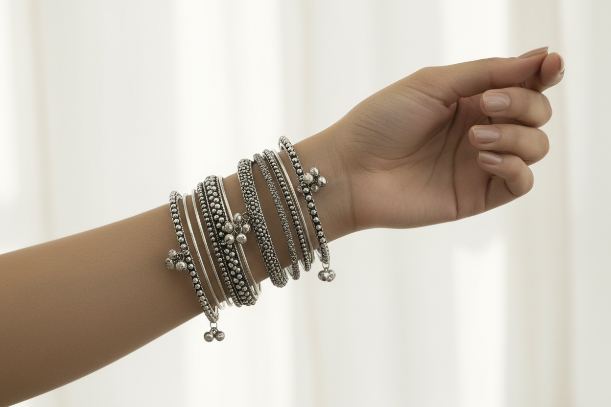 Hand wearing multiple silver bracelets on a plain background