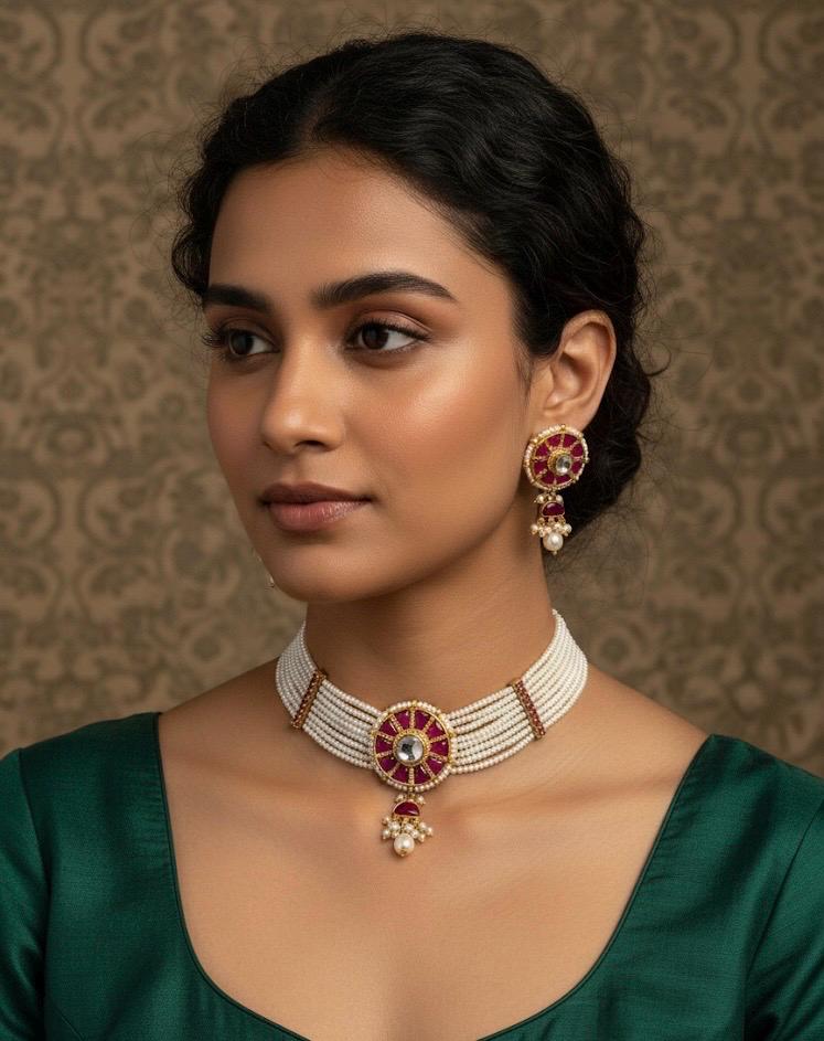 Luxury Maharani Wedding Kundan Set Traditional Pearl Bib Necklace with Polki Stud Earrings