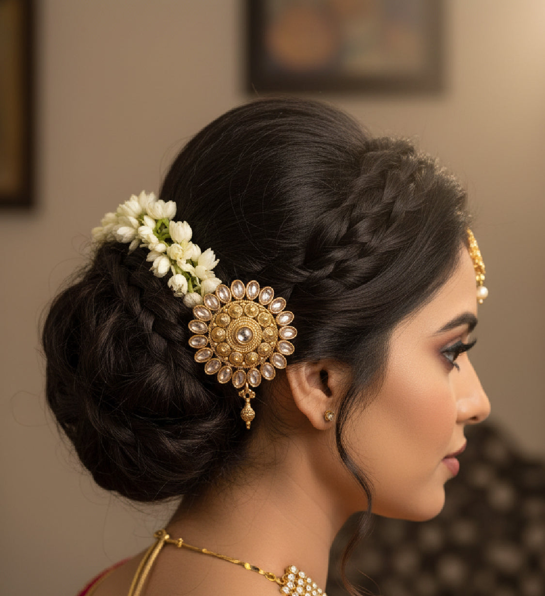 Woman with elaborate hairdo featuring flowers and gold jewelry against a neutral background