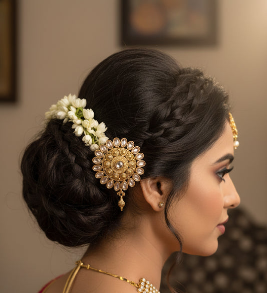 Woman with elaborate hairdo featuring flowers and gold jewelry against a neutral background