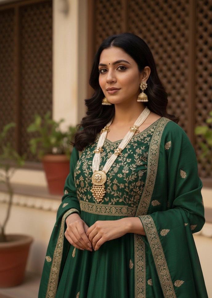 Woman in a green traditional outfit with gold embroidery and jewelry, standing outdoors.