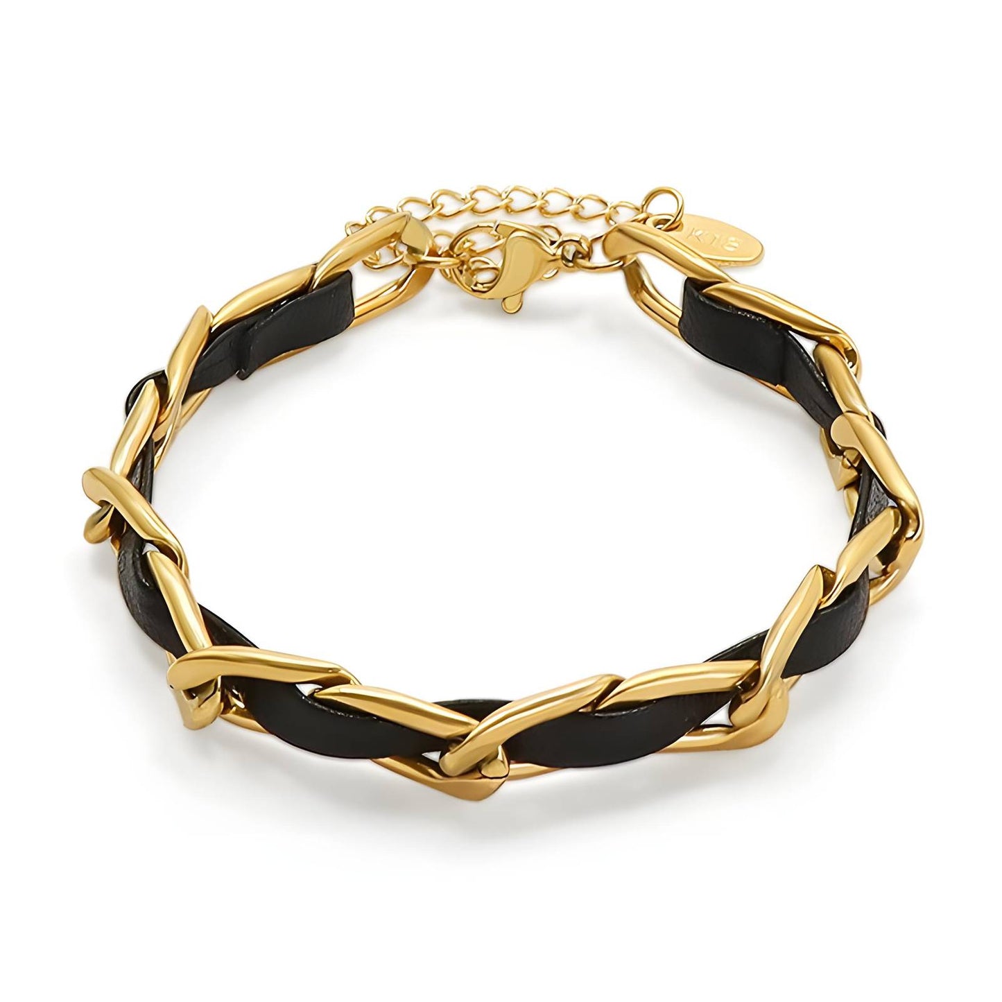 Gold X-Link Chain & Black Cord Woven Bracelet | 18K Gold Plated