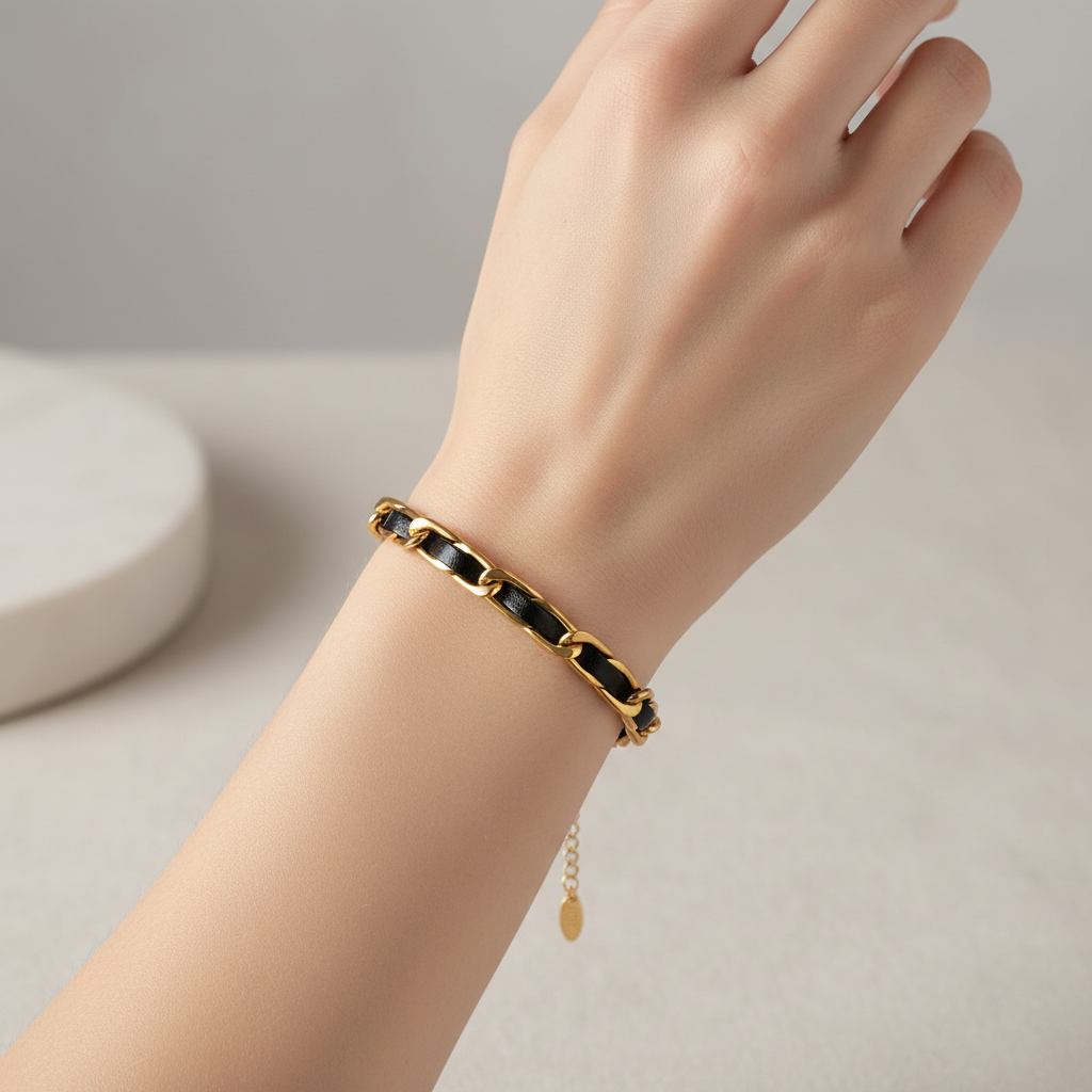 Gold X-Link Chain & Black Cord Woven Bracelet | 18K Gold Plated