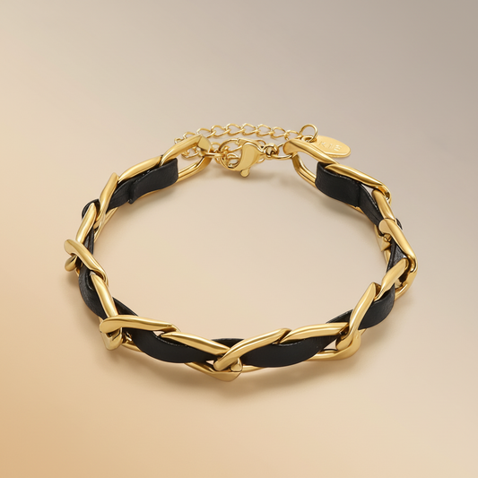 Gold X-Link Chain & Black Cord Woven Bracelet | 18K Gold Plated