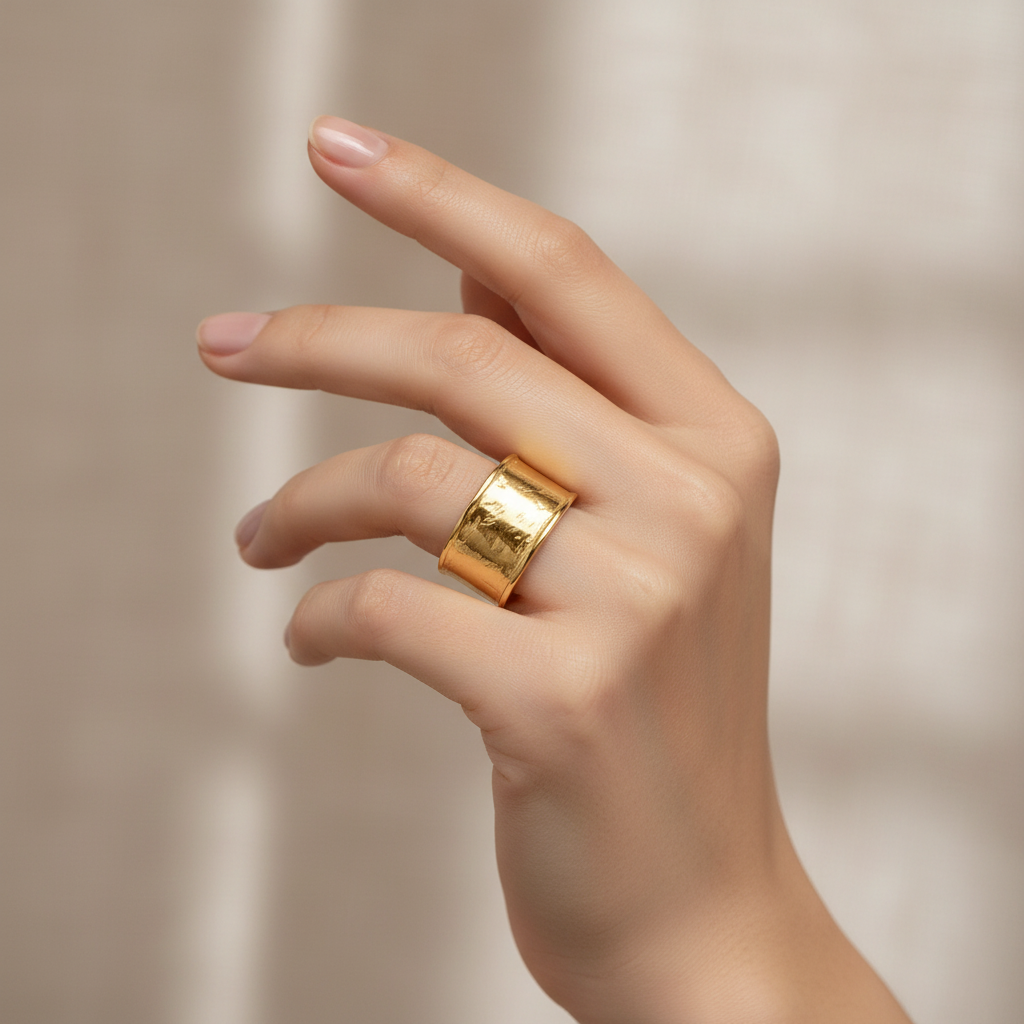 18k Gold plated wide band ring on a person's finger against a neutral background