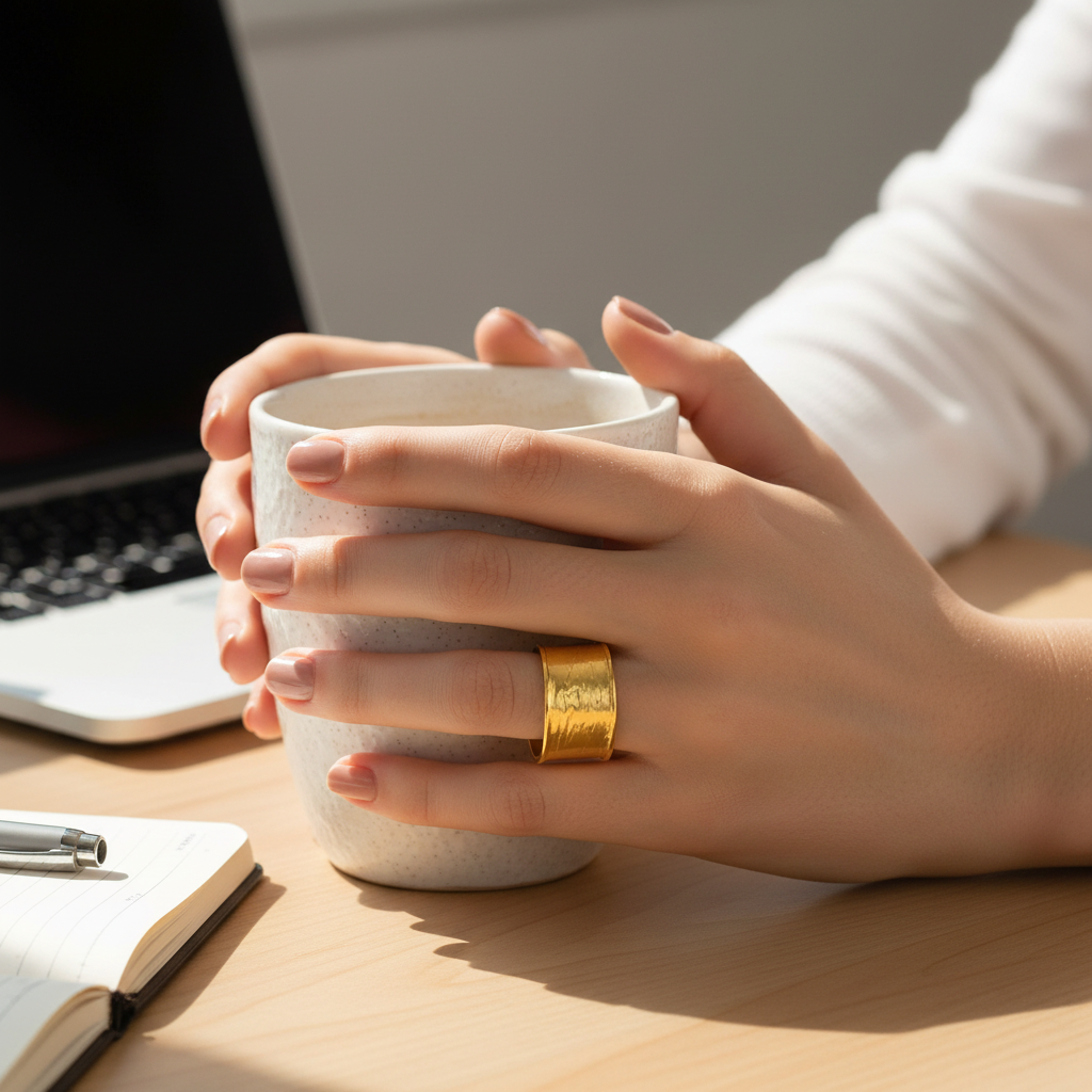 women wearing wide band gold plated ring 