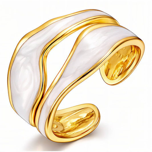 White Enamel Triple-Rail Wave Open Cuff Ring | 18K Gold Plated | Adjustable