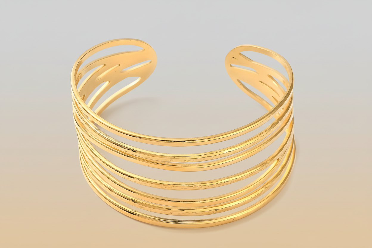 7-Wire Multi-Strand Wide Cuff Bangle | 18K Gold Plated | Statement Bracelet