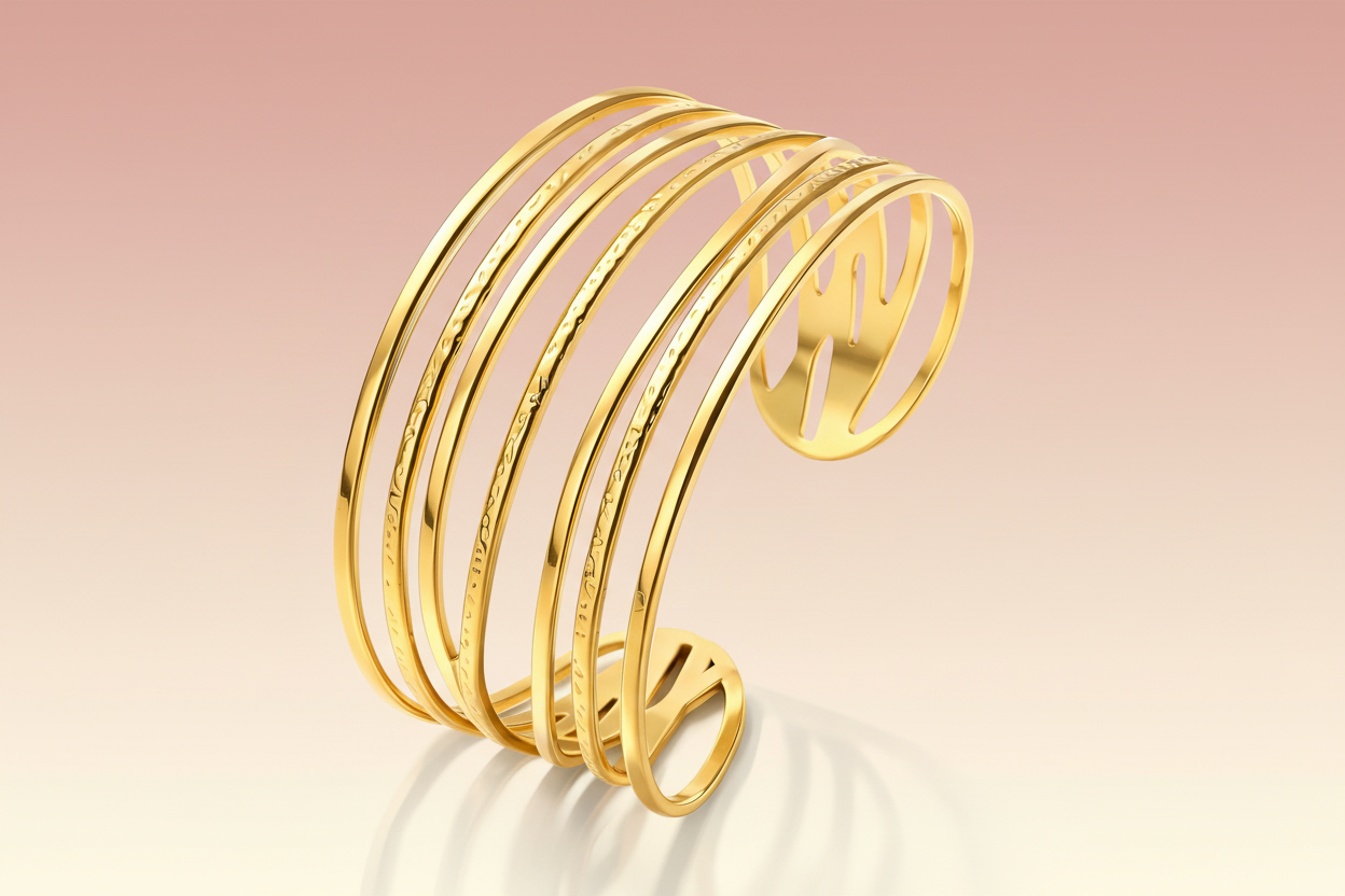 7-Wire Multi-Strand Wide Cuff Bangle | 18K Gold Plated | Statement Bracelet