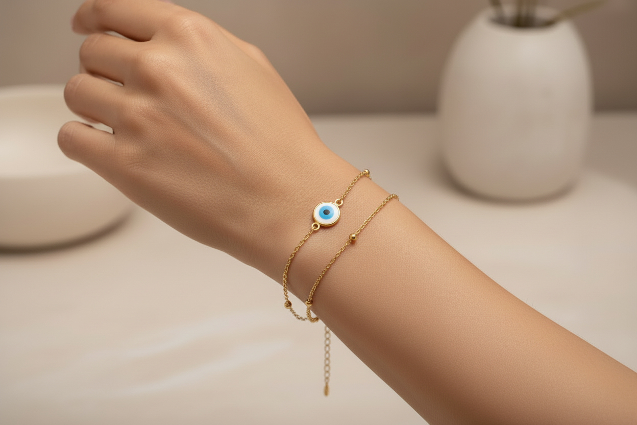 Double-Layer Evil Eye Enamel Bracelet Set | 18K Gold Plated