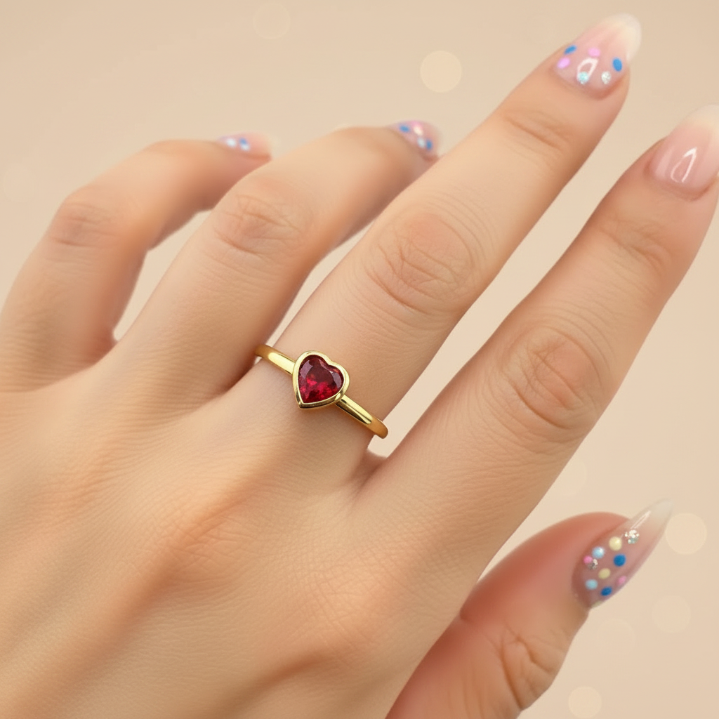 Ruby Red Heart CZ Bezel Solitaire Ring 18K Gold Plated
