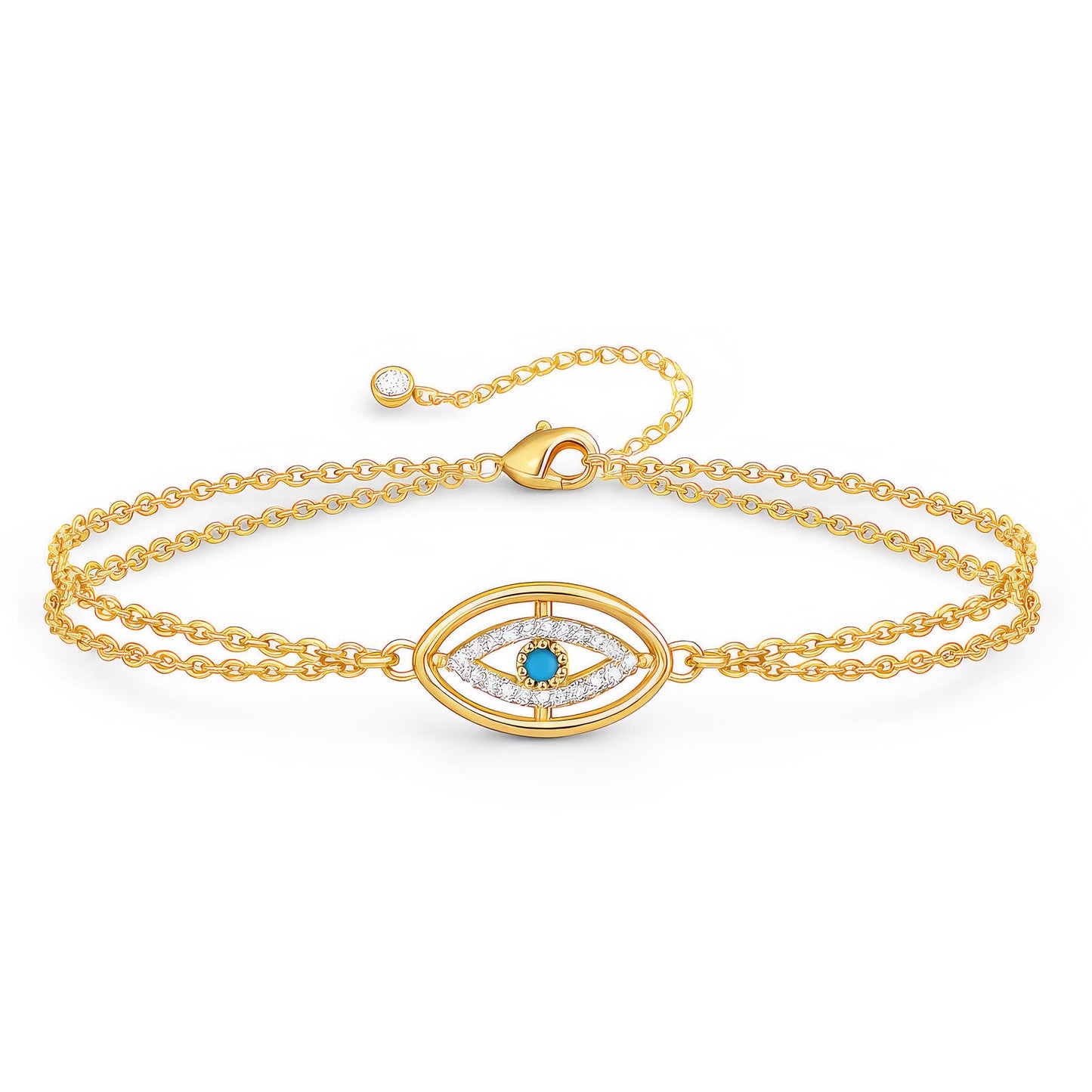 Double-Chain Evil Eye CZ Bracelet | 18K Gold Plated | Turquoise & White CZ