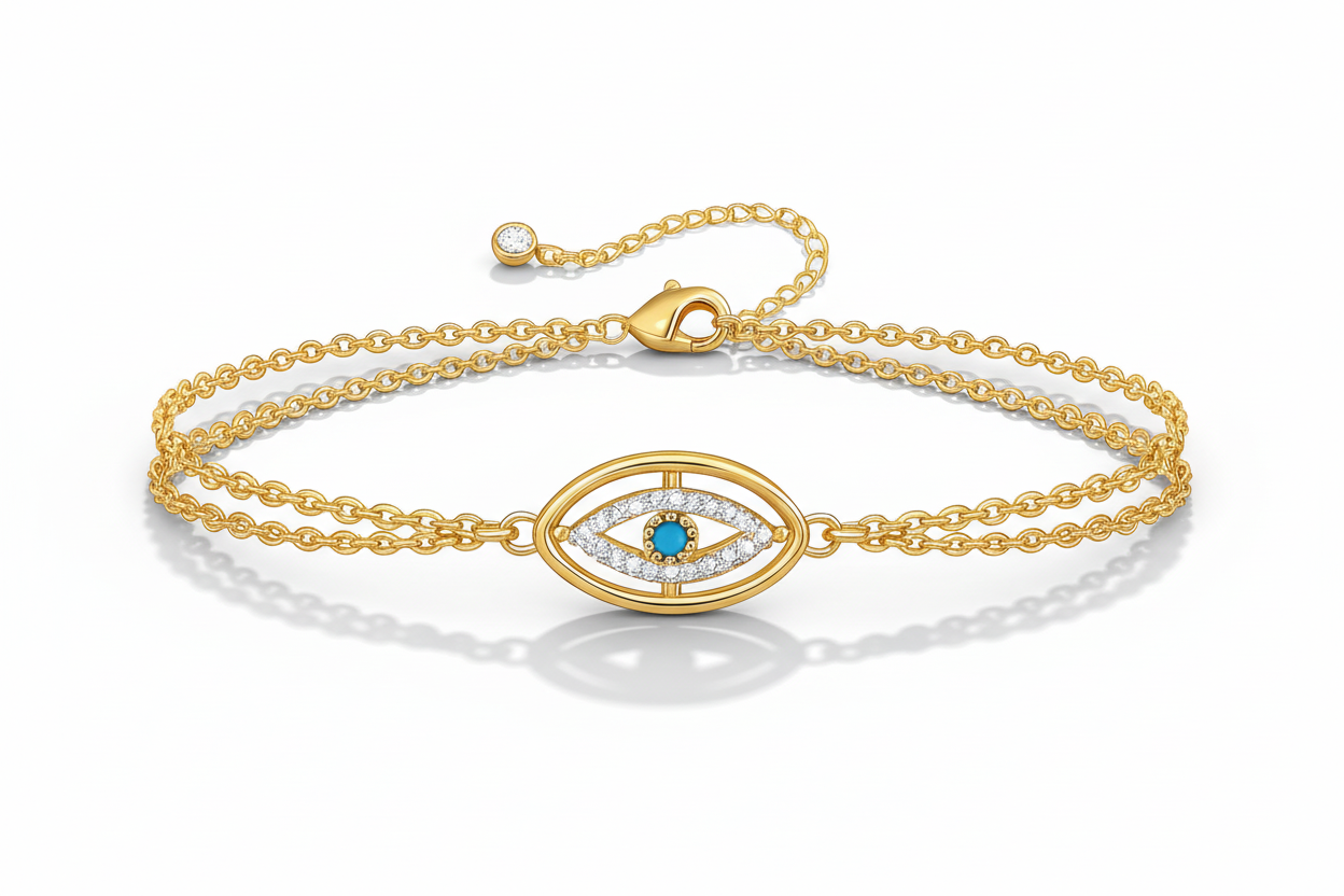 Double-Chain Evil Eye CZ Bracelet | 18K Gold Plated | Turquoise & White CZ