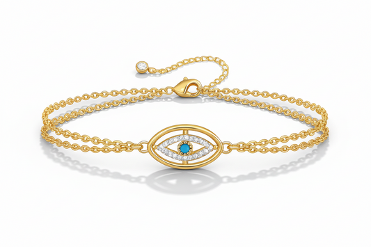 Double-Chain Evil Eye CZ Bracelet | 18K Gold Plated | Turquoise & White CZ