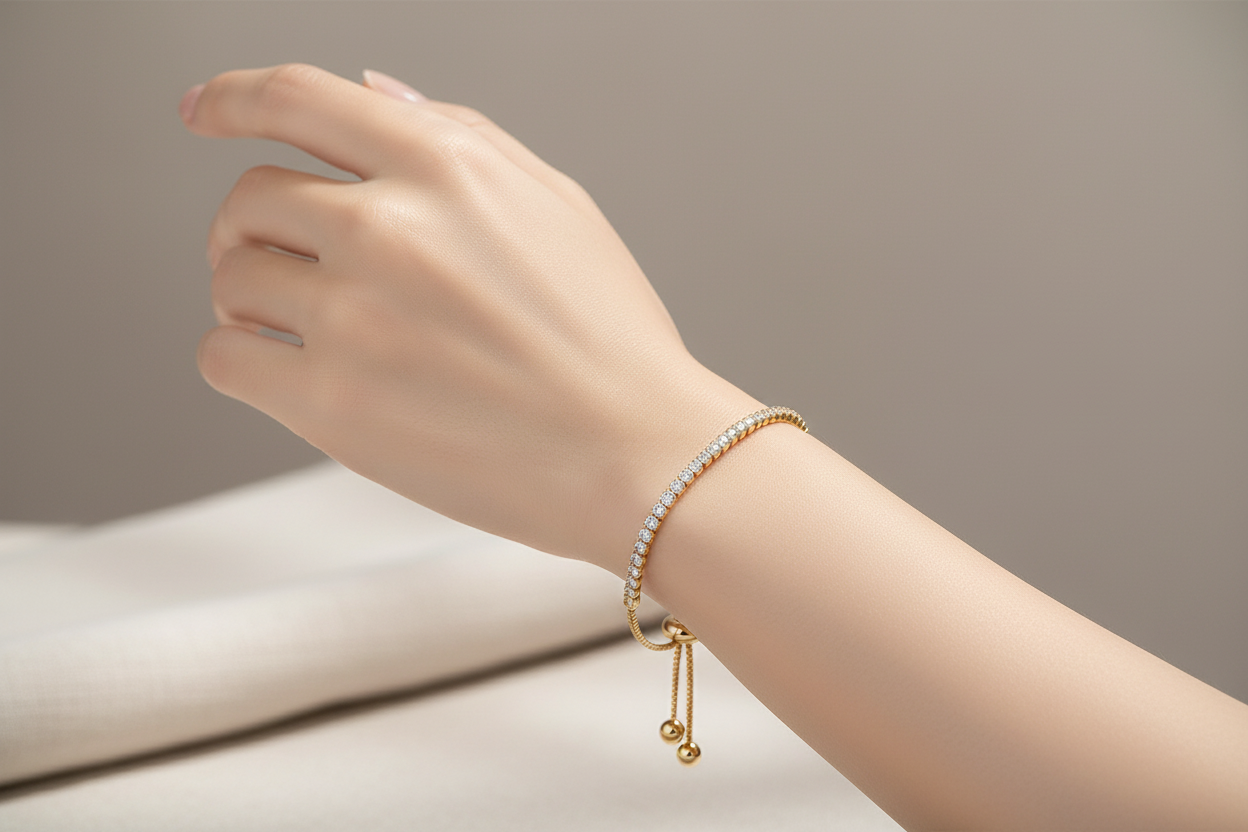 CZ Tennis Slider Bracelet 18K Gold Plated Adjustable Bolo