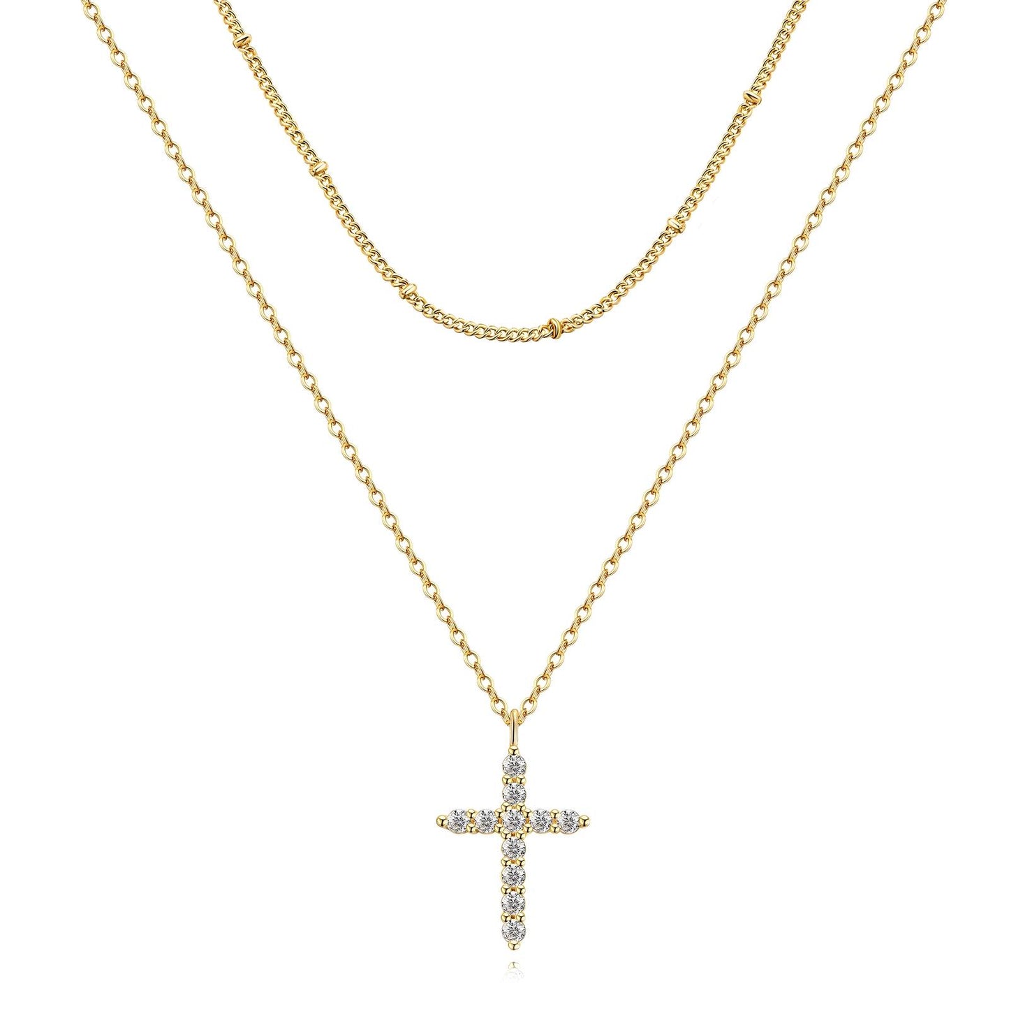 Double Layer Pave CZ Cross Pendant Necklace | 18K Gold Plated