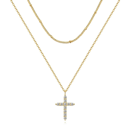 Double Layer Pave CZ Cross Pendant Necklace | 18K Gold Plated