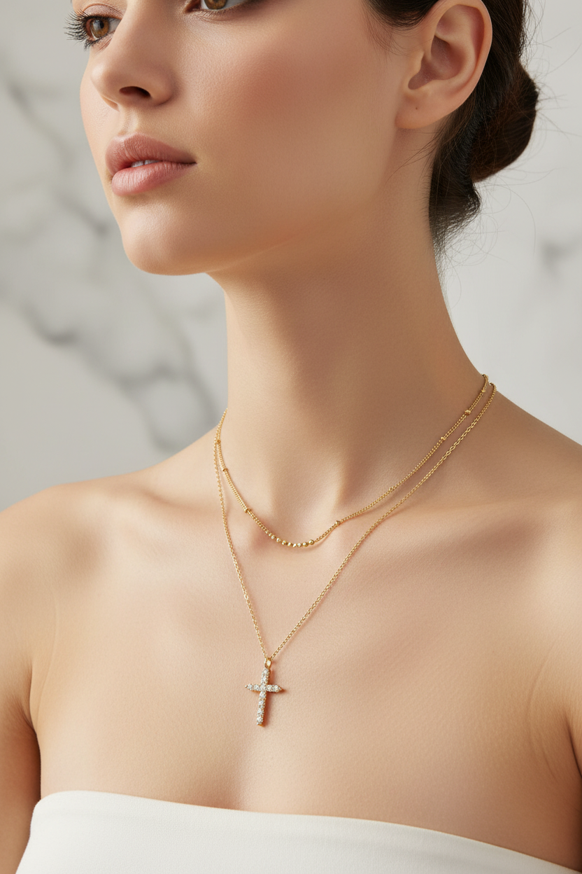 Double Layer Pave CZ Cross Pendant Necklace | 18K Gold Plated