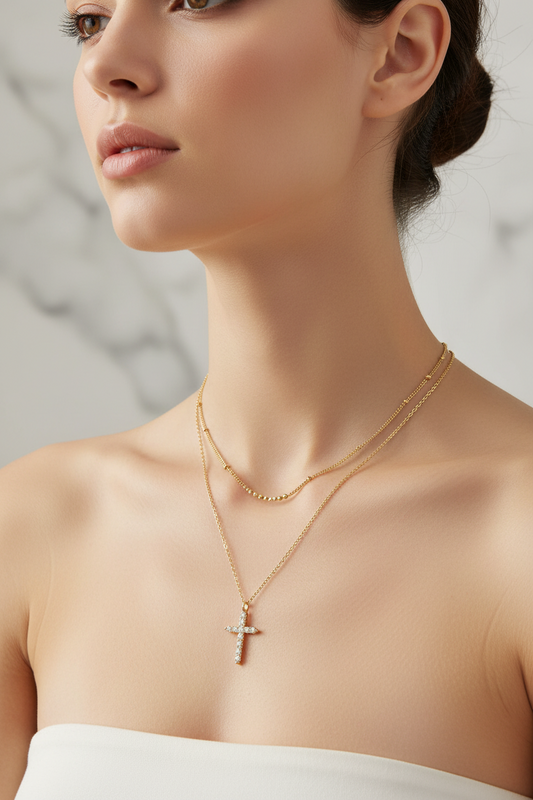 Double Layer Pave CZ Cross Pendant Necklace | 18K Gold Plated