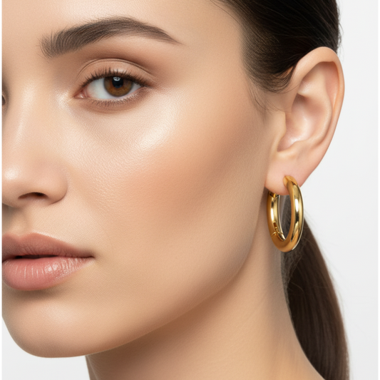 Close-up of a woman wearing anti Tarnish gold plated hoop earrings on a plain background 