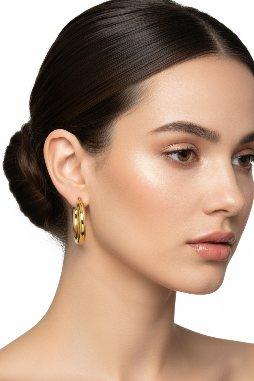 Woman wearing gold plated  hoop earrings with a neutral background