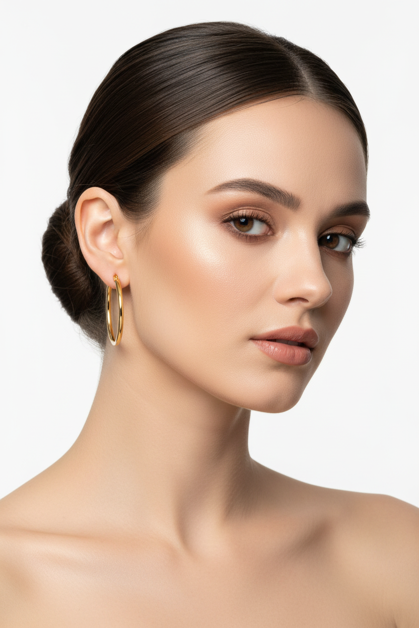 anti tarnish Gold plated hoop earrings women wearing on a white background