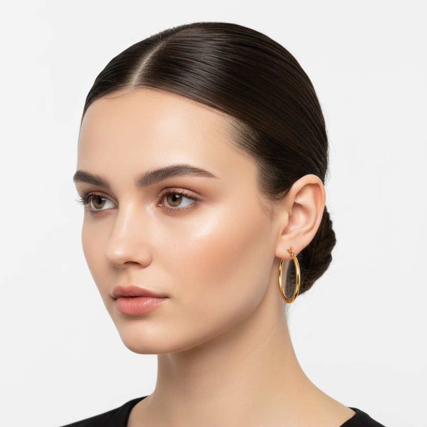 Close-up of a woman wearing gold plated big hoop earrings with a plain background